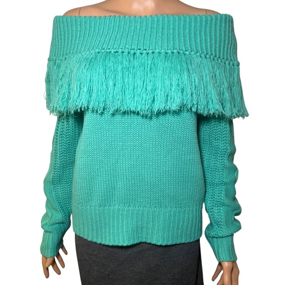 Rock & Roll Cowgirl Sweaters - Rock‎ & Roll Cowgirl Turquoise Fringe Off Shoulder Knit Sweater Size S